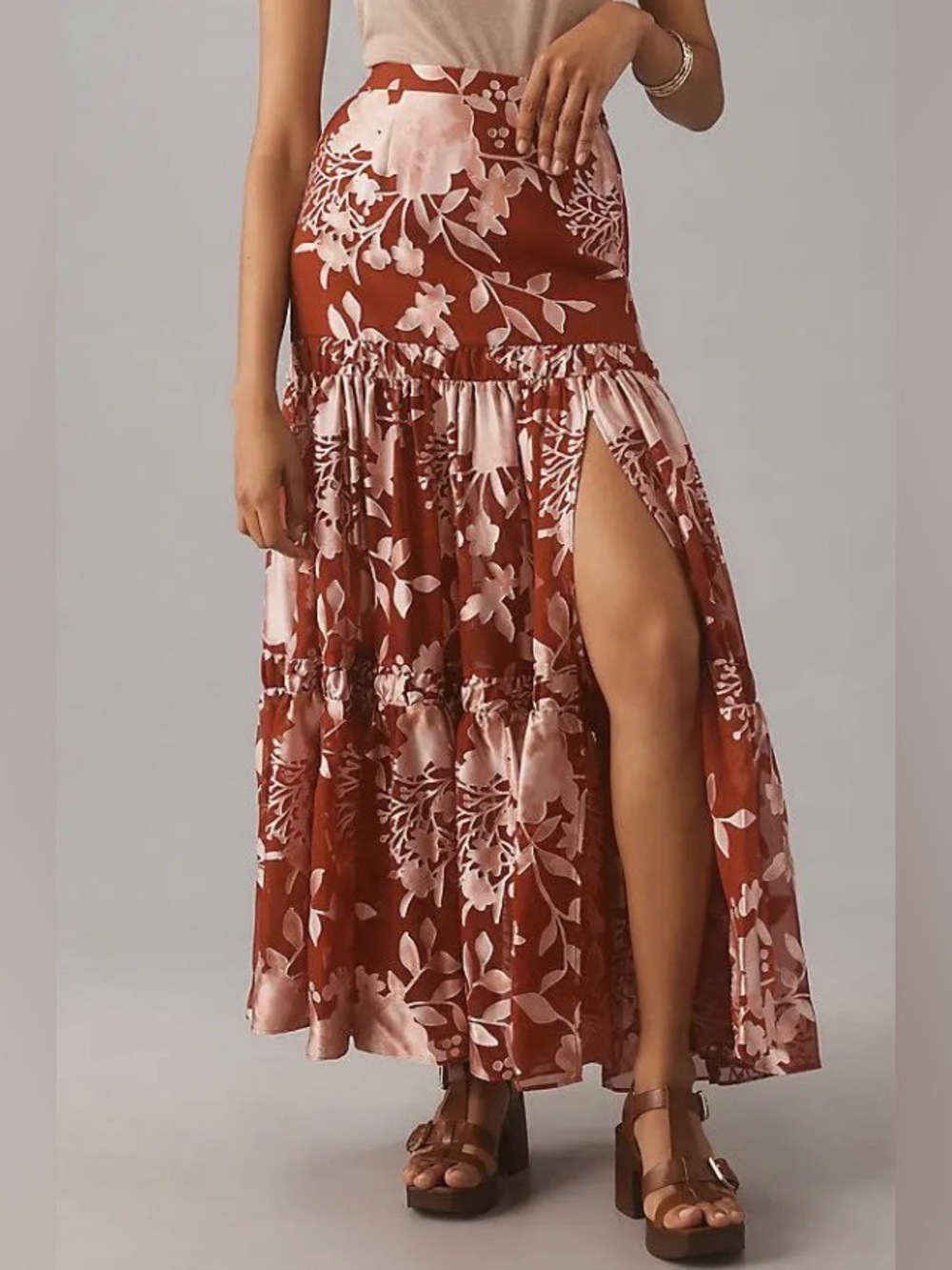 Hutch Rust and Blush Floral Tiered Maxi Skirt with Side Slit